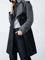 Women's Casual Elegant Denim & Black Trench Coat