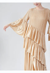 Couture Plissé Pleated Ruffle Sleeve Midi Dress