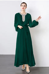 Luxe Pleated Crystal & Feather Dress