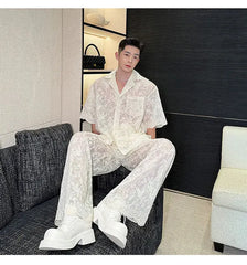 Men's Sheer 2-Piece Embroidery White Lace Suit Set