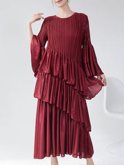 Couture Plissé Pleated Ruffle Sleeve Midi Dress