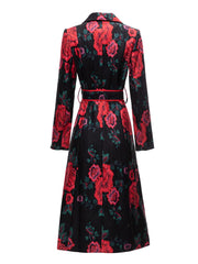 Women's Slim Fit Black Floral Rose Trench Coat