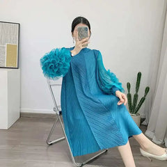 Luxury Pleated Floral Ruffle Dress