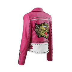 Elegant Leather Pink Studded Tiger Biker Jacket