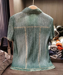 Denim Pleated Blouse & Wide Leg Pants