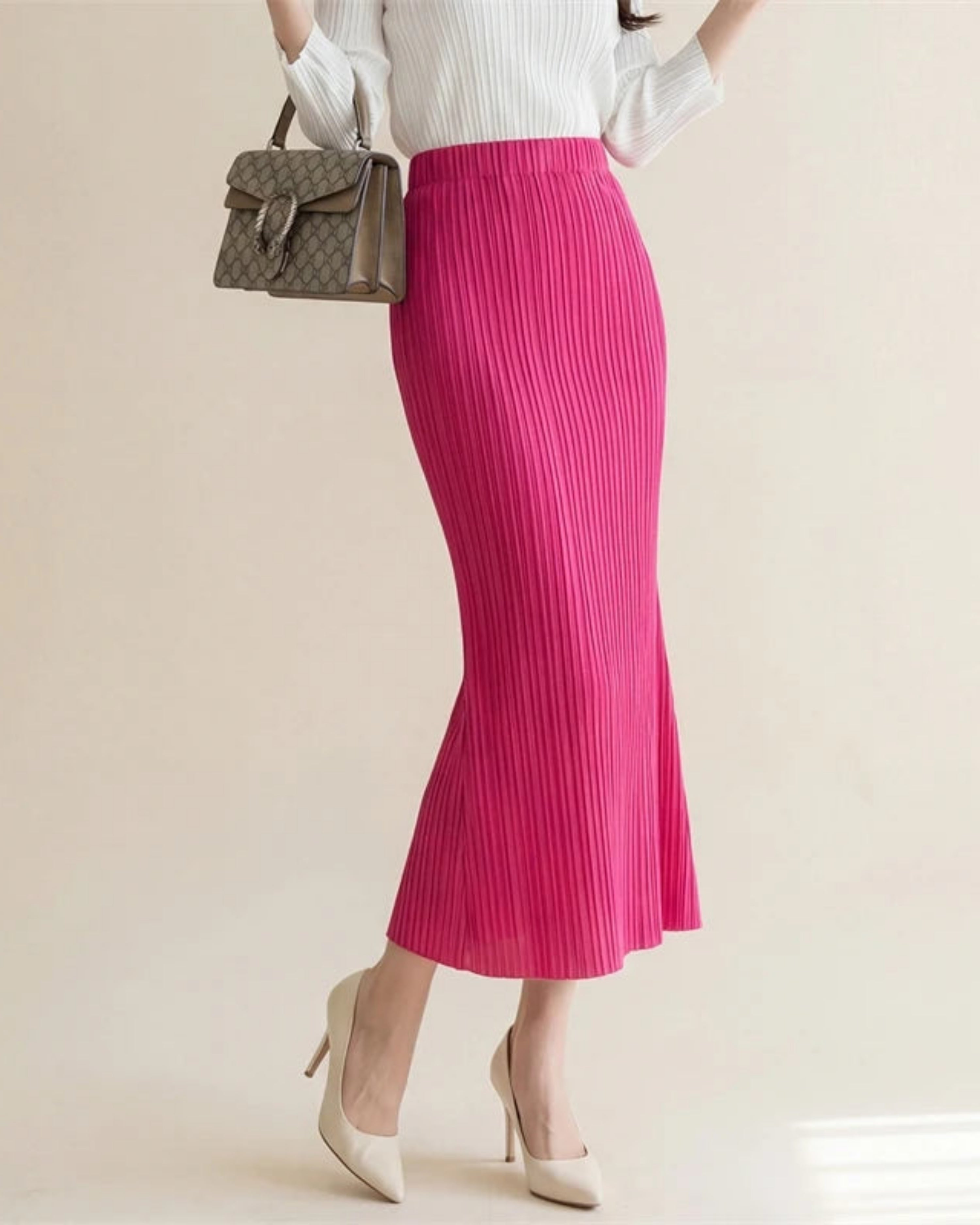 Sculptural Pleated Ribbed  Midi Skirt Luxury High-Waist Japanese-Designer