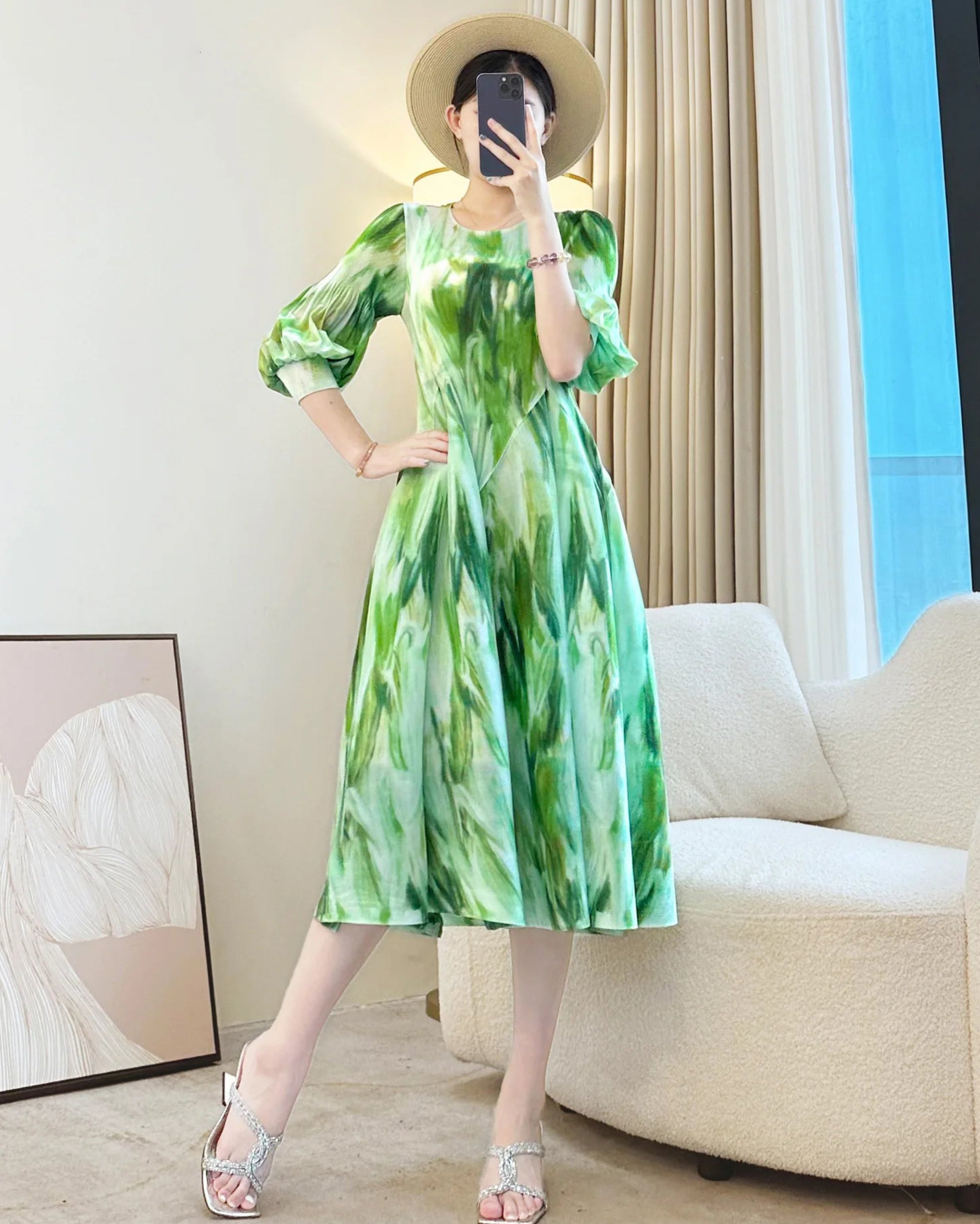 Sculptural Plissé Watercolor Printed Midi Dress