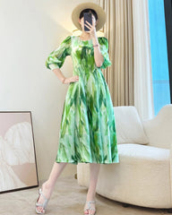 Sculptural Plissé Watercolor Printed Midi Dress