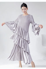 Couture Plissé Pleated Ruffle Sleeve Midi Dress