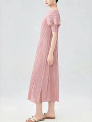 Unique Puff-Sleeve Pleated Dress