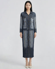 Denim Printed Pleated Skirt Set