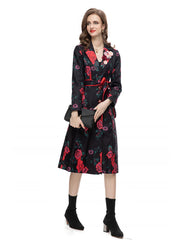 Women's Slim Fit Black Floral Rose Trench Coat