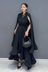 Women's Stylish Elegant Cape Ruffle Midi Dress