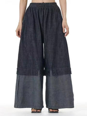 Cotton Denim Wide-Leg Pants with Elastic Waistband