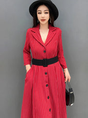 Women's Casual Red Short Sleeve Stripe Long Dress