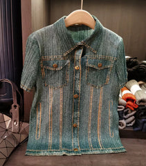 Denim Pleated Blouse & Wide Leg Pants