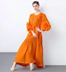 Floral Bell Sleeve Pleated Dress