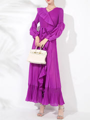 Pleated Plissé Ruffle Trim Maxi Dress