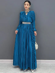 Women's Elegant Blue Striped Pleated Midi Dress