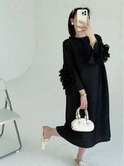 Luxe Floral-Sleeve Pleated Dress