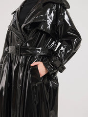 Full-Length Black Patent Vegan Leather Trench Coat