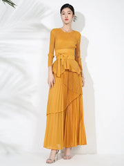 Maxi Skirt Set with Pleated Long Sleeve Top