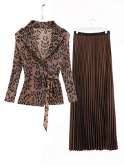 Leopard Pleated Skirt & Wrap Blouse