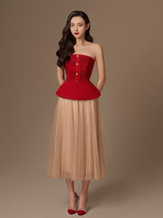 Opulent Red Halter Top & Pink Pleated Skirt 2-Piece Ensemble