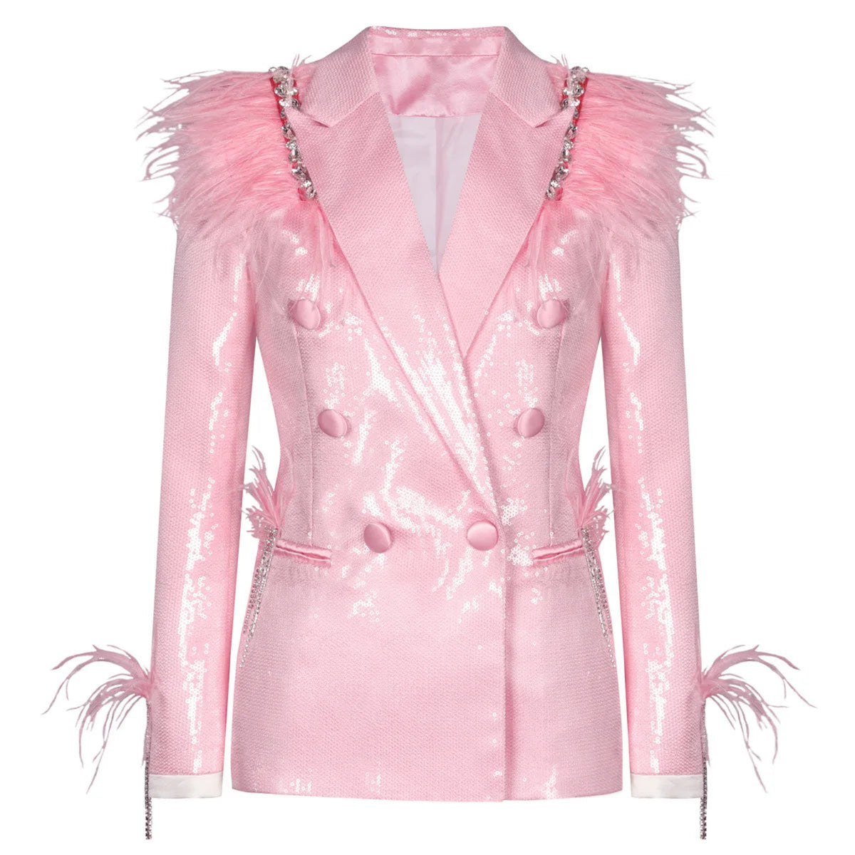 Glam Pink Sequin Feather Rhinestone Blazer