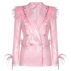 Glam Pink Sequin Feather Rhinestone Blazer