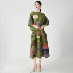 Olive Green Pleated Top & Skirt Set