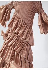 Couture Plissé Pleated Ruffle Sleeve Midi Dress