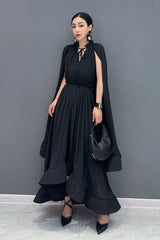 Women's Stylish Elegant Cape Ruffle Midi Dress