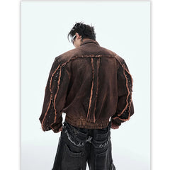 Men's Brown Denim Jacket with Padded Shoulders