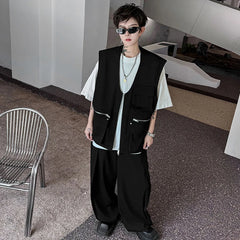 Men's Streetwear Black Cargo Vest and Loose Trousers Set