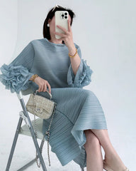Luxe Floral-Sleeve Pleated Dress