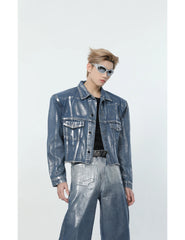 Men's 2 Piece Foil Denim Trucker Jacket & Jeans Set