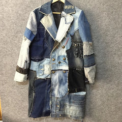 Men's Designer Denim Patchwork Trench Coat Jacket