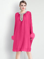 Plisse Crystal Neckline Cocktail Dress