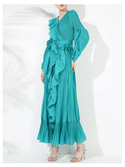 Ruffle Pleated V-Neck Dress