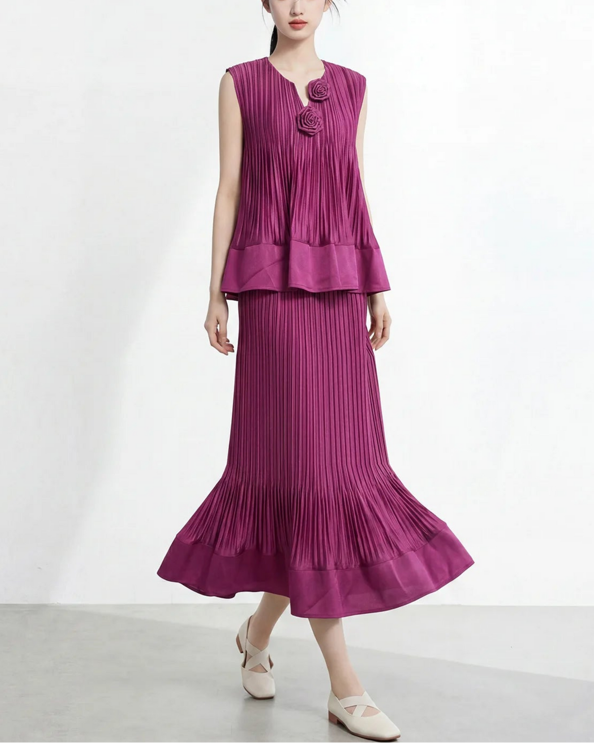 Pleated Rosette Peplum 2-Piece