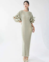 Luxury Pleats Ruffle Sleeves Maxi Dress