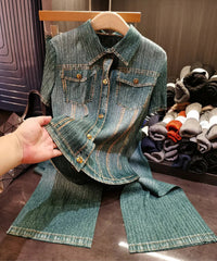 Denim Pleated Blouse & Wide Leg Pants