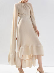 Women's Pleated Midi Dress with Elegant Cape