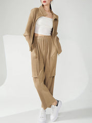 Women's 2 Piece Casual Pleated Jacket and Pants Set