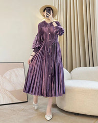 Luxury Pleated Lantern Sleeve Dress