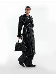 Men's Extra Long Patent Faux Leather Trench Coat