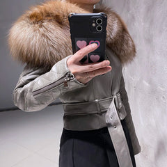 Leather Moto Jacket for Women - Real Fox Fur Trim