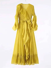 Ruffle Pleated V-Neck Dress