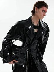 Men's Extra Long Patent Faux Leather Trench Coat